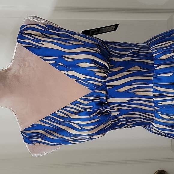 Rachel Zoe, Size 0 Cobalt Blue and Camel Abstract Striped Halter Dress 100% Silk - Picture 2 of 16